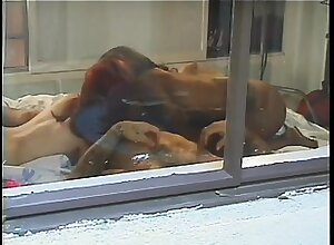 Splendid small babes lick each other and then fuck big muscular dude