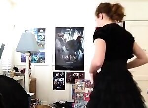 Girl in dress strips to show her thick bush