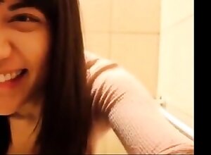 Asian Teen toys in public restroom