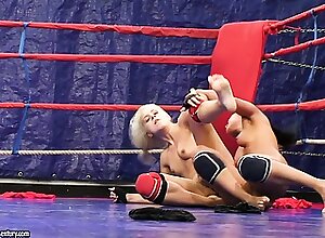 Brandy Smile and Lioness wrestle, get naked and start munching cunt