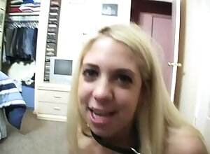 Dirty blonde slut puts her mouth to work sucking off four cocks and eating cum