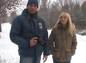 Hot blonde Jasmin pees in the snow and goes home to get fisted